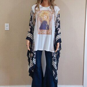 Upcycled Stevie Nicks White and Blue Kantha Rock T Shirt Poncho Top